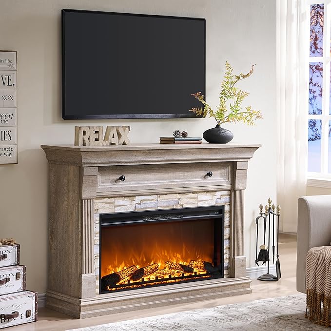 OKD Industrial Farmhouse TV Stand with 18" Electric Fireplace (58")