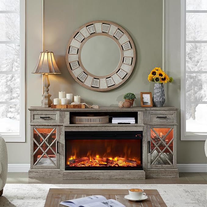 OKD Farmhouse 70" Fireplace TV Stand with 30" Fireplace (Fits up to 80")